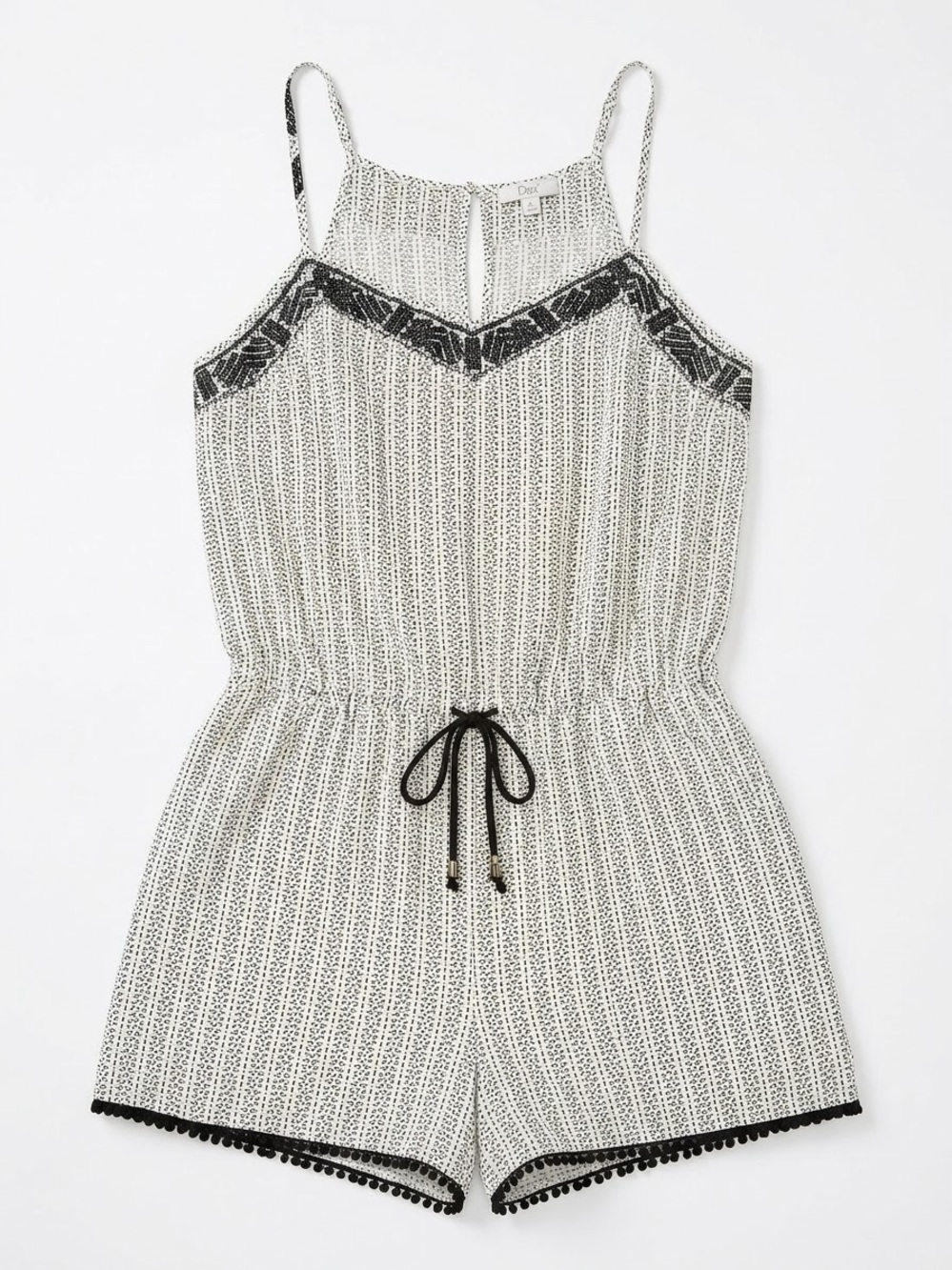 DEX Black & White Printed Geometric Romper Pom Pom Hem | Large